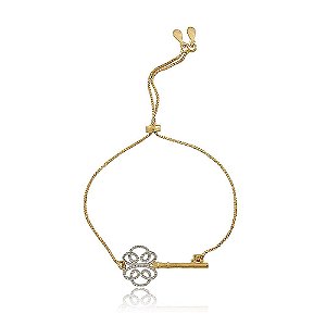 PULSEIRA FECHO GRAVATA COM DETALHE CHAVE BANHADA A OURO 18K COM DETALHE EM RÓDIO BRANCO