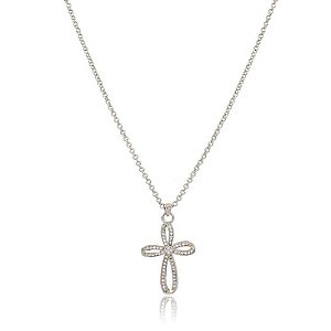 GARGANTILHA ELO PORTUGUÊS COM PINGENTE CRUCIFIXO INFINITO TRABALHADO EM ZIRCÔNIAS CRISTAIS  BANHADA EM RÓDIO BRANCO