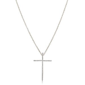 GARGANTILHA ELO PORTUGUÊS 70 CM COM PINGENTE CRUCIFIXO GRANDE TRABALHADO EM ZIRCÔNIAS CRISTAIS BANHADO EM RÓDIO BRANCO