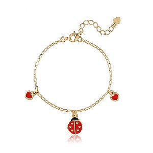 PULSEIRA INFANTIL COM JOANINHA E CORAÇÕES COLORIDOS EM RESINA
