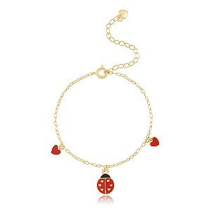 PULSEIRA INFANTIL COM JOANINHA E CORAÇÕES COLORIDOS EM RESINA
