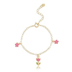 PULSEIRA INFANTIL TULIPA E FLORZINHAS COLORIDAS EM RESINA