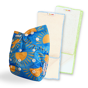 Kit fralda Ecológica Sol Fundo azul + 2 absorventes Faixa 4 camadas e 6 camadas