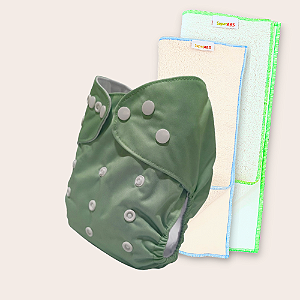 Kit fralda Ecológica Verde Oliva com 2 absorventes melton com toque seco de 4 e 6 camadas