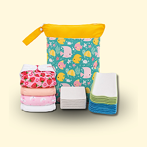 Kit Primeiro Enxoval | Coleção Fraldadinhos - Tons Quentes | 4 Fraldinhas + 8 Absorventes + 10 Liners + Bolsa Impermeável