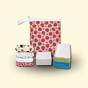 Kit Primeiro Enxoval - Tons Quentes | 4 Fraldinhas + 8 Absorventes + 10 Liners + Bolsa Impermeável