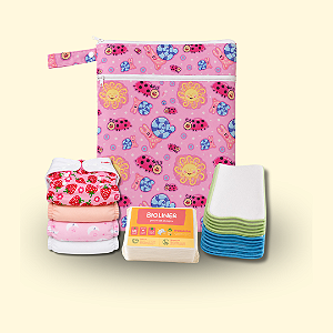 Kit Primeiro Enxoval | Coleção Fraldadinhos - Tons Quentes | 4 Fraldinhas + 8 Absorventes + 10 Liners + Bolsa Impermeável