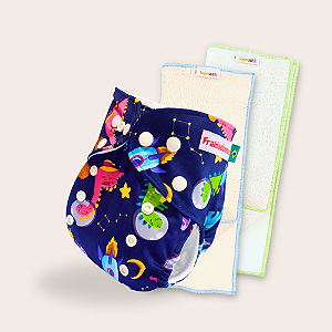 Kit fralda Ecológica Fraldadinhos Dino espacial com 2 absorventes Toalha de 4 e 6 camadas