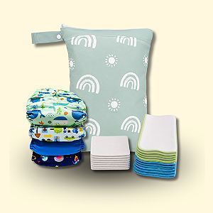 Kit Primeiro Enxoval - Tons Frios | 4 Fraldinhas + 8 Absorventes + 10 Liners + Bolsa Impermeável
