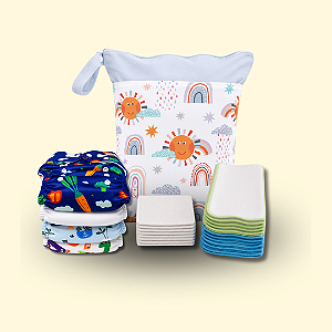 Kit Primeiro Enxoval | Coleção Fraldadinhos - Tons Frios | 4 Fraldinhas + 8 Absorventes + 10 Liners + Bolsa Impermeável