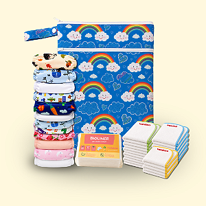 Kit Rotina Completa | Coleção Fraldadinhos - Tons Frios | 12 Fraldinhas + 18 Absorventes + 50 Liners biodegradáveis + Bolsa Impermeável