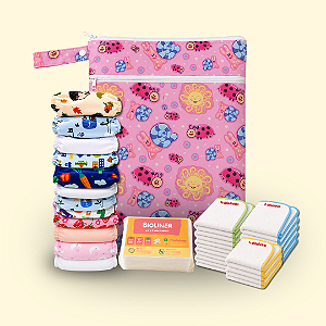 Kit Rotina Completa | Coleção Fraldadinhos - Tons Quentes | 12 Fraldinhas + 18 Absorventes + 50 Liners biodegradáveis + Bolsa Impermeável