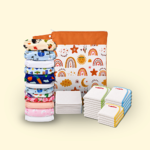 Kit Rotina Completa | Coleção Fraldadinhos - Tons Quentes | 12 Fraldinhas + 18 Absorventes + 10 Liners + Bolsa Impermeável