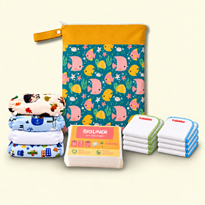 Kit Primeiro Enxoval | 4 Fraldas Ecológicas + 8 Absorventes + 50 Bioliners + Bolsa Impermeável