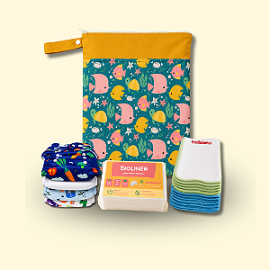 Kit Primeiro Enxoval | 4 Fraldinhas + 8 Absorventes + 50 Bioliners + Bolsa Impermeável