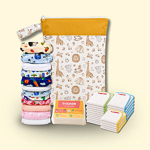 Kit Rotina Completa | 12 Fraldinhas + 18 Absorventes + 50 Bioliners + Bolsa Impermeável