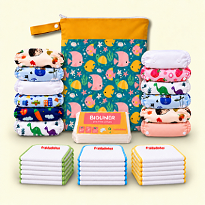 Kit Rotina Completa | 12 Fraldas Ecológicas + 18 Absorventes + 50 Bioliners + Bolsa Impermeável