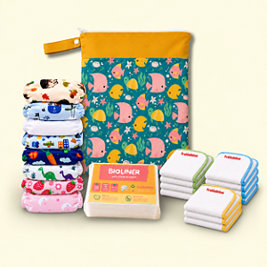 Kit Rotina Essencial | 8 Fraldas Ecológicas + 12 Absorventes + 50 Bioliners + Bolsa Impermeável