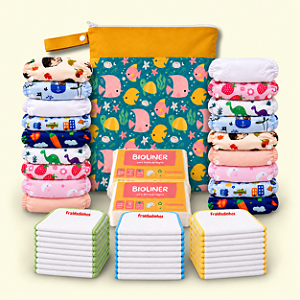 Kit Rotina Tranquila | 18 Fraldas Ecológicas + 27 Absorventes + 100 Bioliners + Bolsa Impermeável