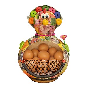 Porta Ovos Galinha Artesanal de Cabaça com Lenço e Flor - 26 a 29cm
