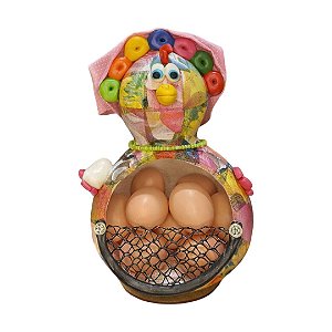 Porta Ovos Galinha Artesanal de Cabaça com Lenço e Bobs - 26 a 29cm