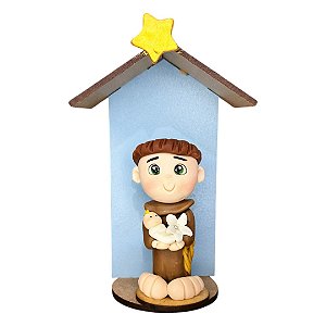 Imagem Santo Antônio de Biscuit no Oratório de MDF 15cm Artesanal