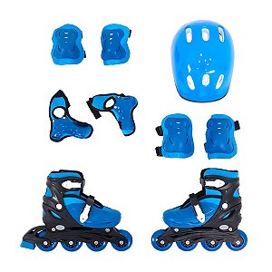 Patins Roller Infantil Azul Ajustavel Com Kit Proteção