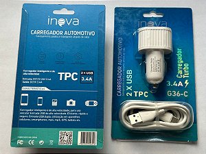Carregador Veicular Carro Turbo 2 USB Com Cabo Tipo C