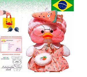 Pato Lalafanfan Amarelo Paper Duck de pelúcia com roupas e acessórios