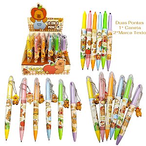 CANETA + MARCA TEXTO (  2 PONTAS) - CAPIVARA PINGENTE