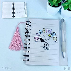 CADERNETA PLASTICA SNOOPY GRATIDÃO COM CANETA