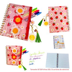 KIT CADERNO PRESENTE MORANGOS E MARGARIDAS