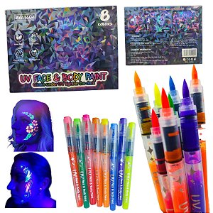 CONJUNTO 8 CANETAS PARA PINTURA PELE/ ROSTO EFEITO LUZ NEGRA