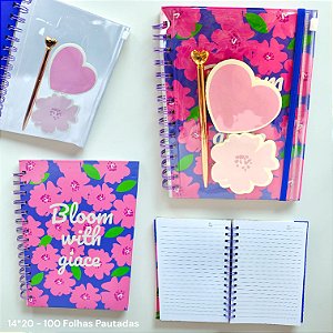 KIT PRESENTE CADERNO/ POST IT E CANETA FLORAL AZUL BLOOM