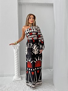 Vestido Isadora Manga Longa Pintura Rupestre (3120)