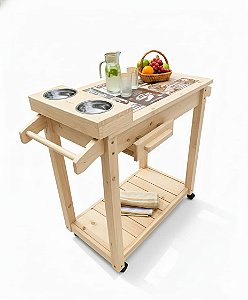 Mesa Gourmet de Madeira Clara para Churrasqueira com Rodas