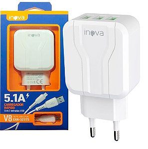 CARREGADOR DE CELULAR 5.1A 3 PORTAS USB E CABO LIGHTNING INOVA - CAR-3257A