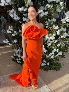 Vestido longo laranja laço bordado Sophia Thiesen
