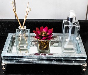 Bandeja espelhada com kit lavabo (porta sabonete liquido+vaso decorativo+difusor de ambiente)