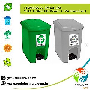 KIT DE 2 LIXEIRAS C/ PEDAL 15L - VERDE (RECICLÁVEL) E CINZA (NÃO RECICLÁVEL)