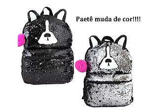 Mochila Paete Brilho Lantejoulas Muda De Cor 2em1 Urso Preta