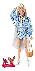 Barbie Loira Extra Com Pet, Jaqueta Azul Fashion Mattel