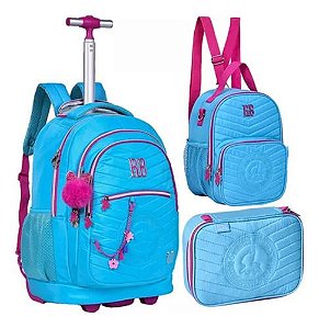 Kit Mochila Rodinhas Rebecca Bonbon + Lancheira Estojo Azul