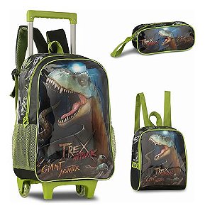 Mochila T-rex Attack Rodinhas Lancheira Estojo Dinossauro