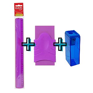 Kit Régua + Apontador + Borracha Roxo Molin Neon Escolar