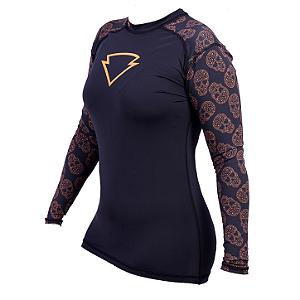 Blusa Segunda Pele Feminina Caveiras Estrelas Laranja