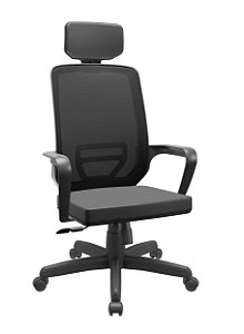 Cadeira para escritório presidente giratória assento couro preto com encosto em tela Riq Soft