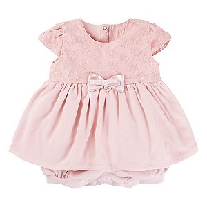 Macacão Curto Em Meia Malha Com Tule e Bordado Crepe Floral Rosa - Paraíso