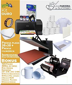 Kit Unica Ouro Prensa Plana 38x38 + Impressora + Prensa de Caneca