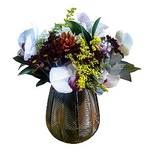 Arranjo Mix de Flores Selecionadas (Orquídeas, Cravos, Cravinia e Folhagem) no Vaso de Murano